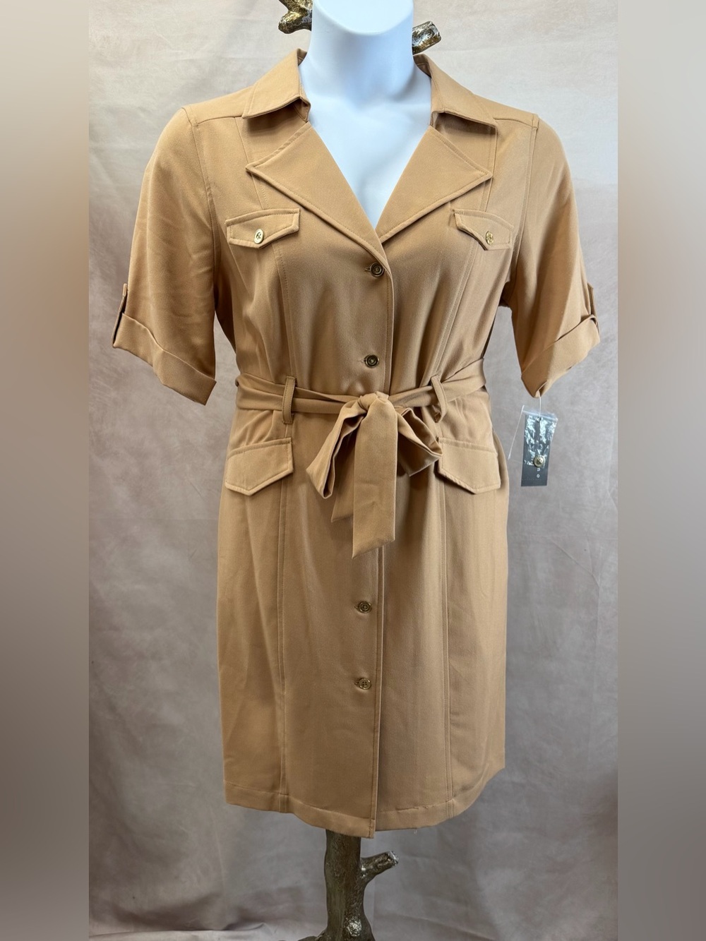 NWT Sharagano New York Tan Belted Button Down Collar Dress Size 14